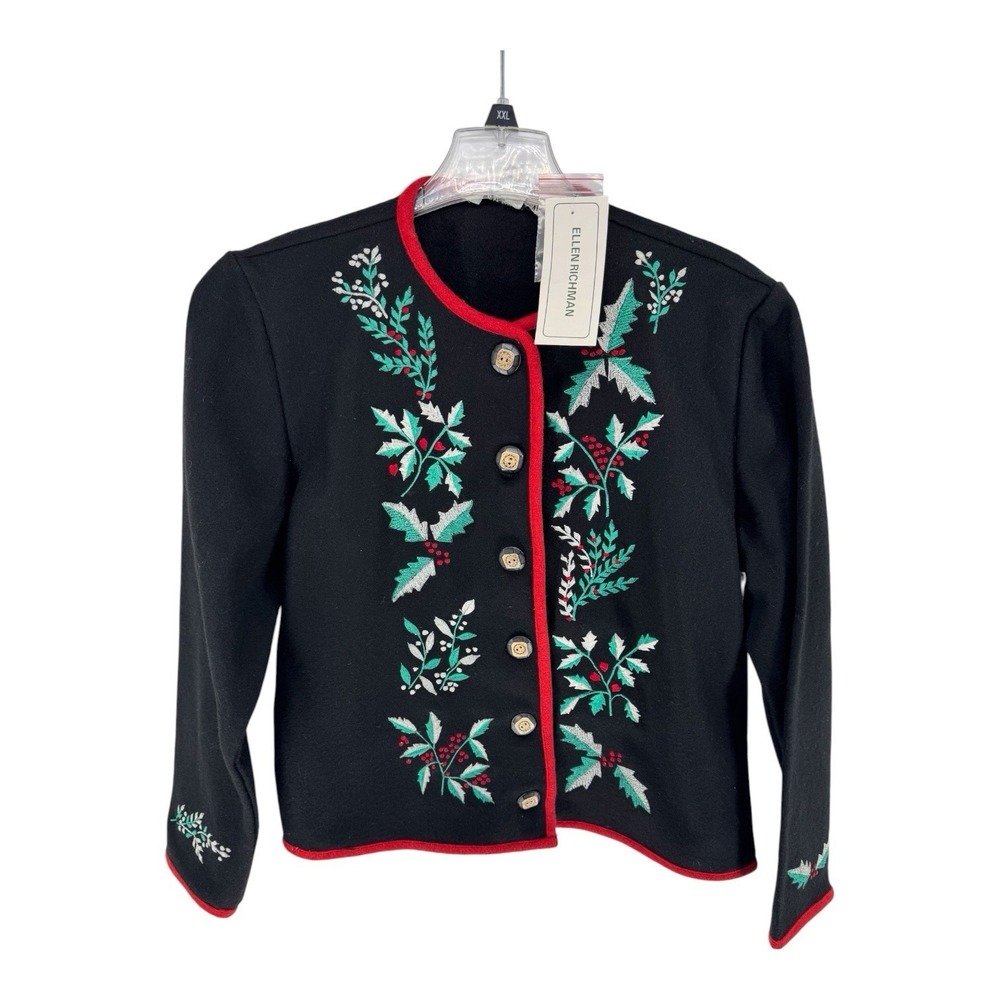 New! Vintage Ellen Richman 100% Wool Cardigan Jacket Sz Large Black/red Trim